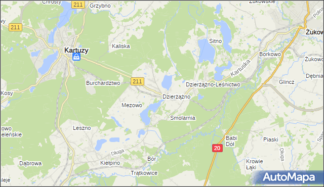 mapa Dzierżążno gmina Kartuzy, Dzierżążno gmina Kartuzy na mapie Targeo