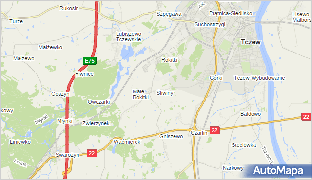 mapa Śliwiny gmina Tczew, Śliwiny gmina Tczew na mapie Targeo