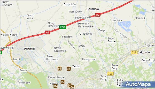 mapa Grądy gmina Jaktorów, Grądy gmina Jaktorów na mapie Targeo