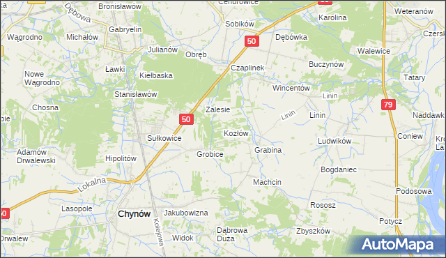 mapa Kozłów gmina Chynów, Kozłów gmina Chynów na mapie Targeo