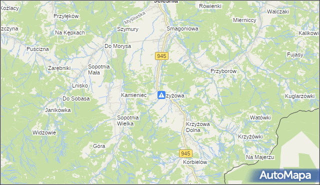 mapa Krzyżowa gmina Jeleśnia, Krzyżowa gmina Jeleśnia na mapie Targeo