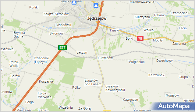 mapa Ludwinów gmina Jędrzejów, Ludwinów gmina Jędrzejów na mapie Targeo