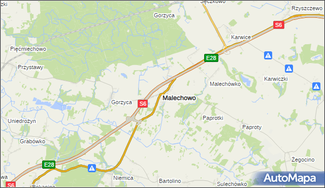 mapa Malechowo powiat sławieński, Malechowo powiat sławieński na mapie Targeo