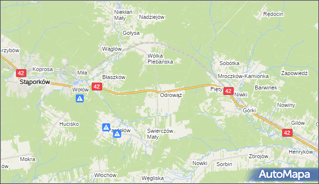 mapa Odrowąż gmina Stąporków, Odrowąż gmina Stąporków na mapie Targeo