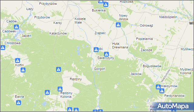 mapa Świerczyny gmina Kobiele Wielkie, Świerczyny gmina Kobiele Wielkie na mapie Targeo