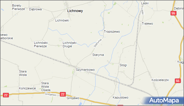mapa Starynia gmina Lichnowy, Starynia gmina Lichnowy na mapie Targeo