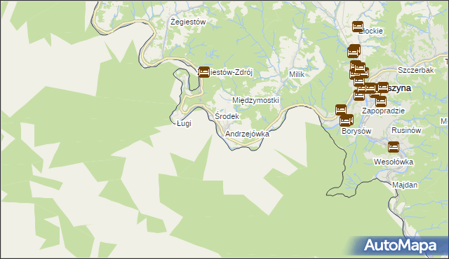 mapa Andrzejówka gmina Muszyna, Andrzejówka gmina Muszyna na mapie Targeo