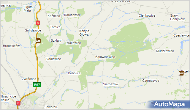 mapa Baldwinowice gmina Ciepłowody, Baldwinowice gmina Ciepłowody na mapie Targeo