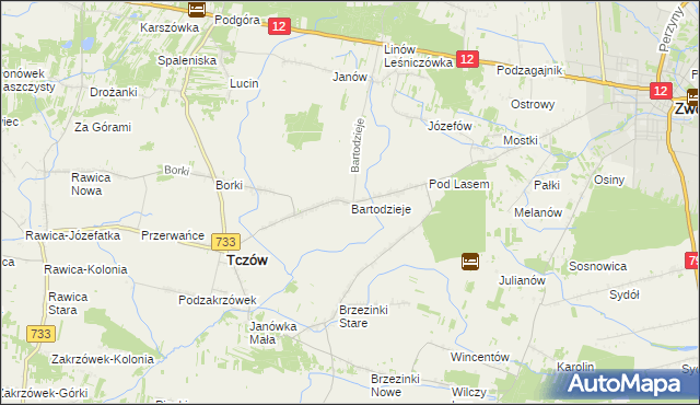 mapa Bartodzieje gmina Tczów, Bartodzieje gmina Tczów na mapie Targeo