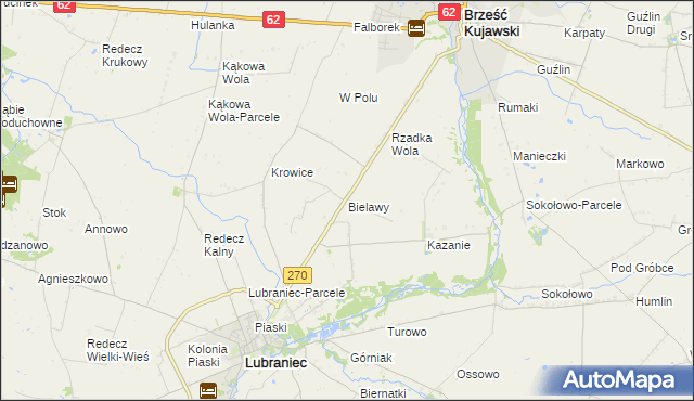 mapa Bielawy gmina Lubraniec, Bielawy gmina Lubraniec na mapie Targeo