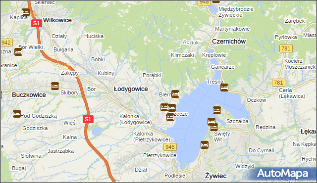 mapa Bierna gmina Łodygowice, Bierna gmina Łodygowice na mapie Targeo