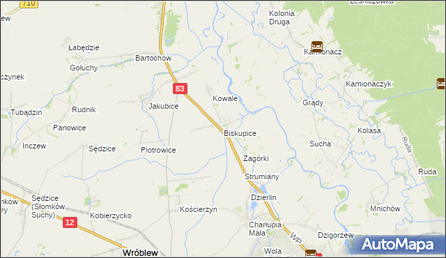 mapa Biskupice gmina Sieradz, Biskupice gmina Sieradz na mapie Targeo