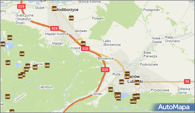 mapa Borownica gmina Janów Lubelski, Borownica gmina Janów Lubelski na mapie Targeo