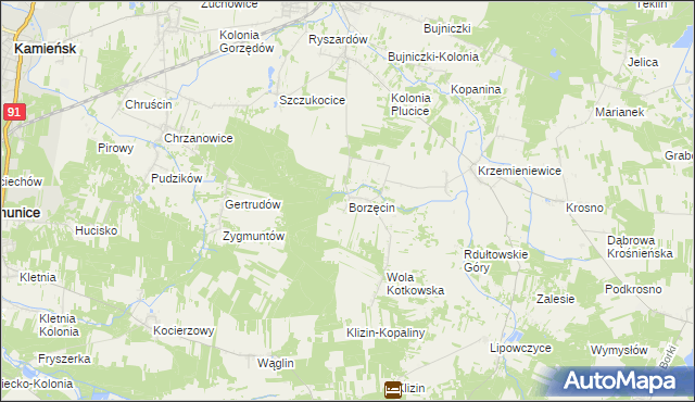 mapa Borzęcin gmina Gorzkowice, Borzęcin gmina Gorzkowice na mapie Targeo