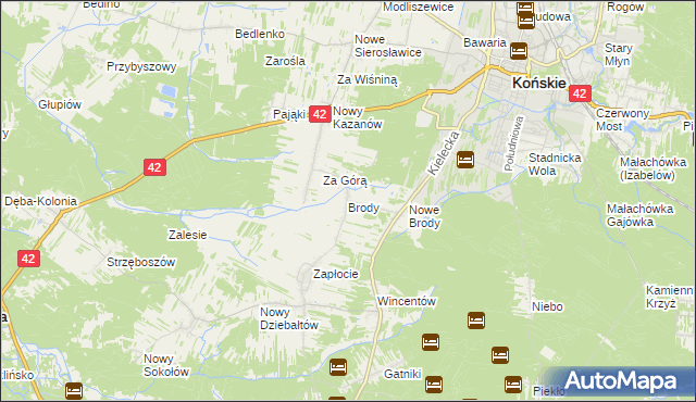 mapa Brody gmina Końskie, Brody gmina Końskie na mapie Targeo