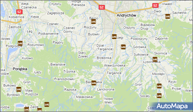 mapa Brzezinka gmina Andrychów, Brzezinka gmina Andrychów na mapie Targeo