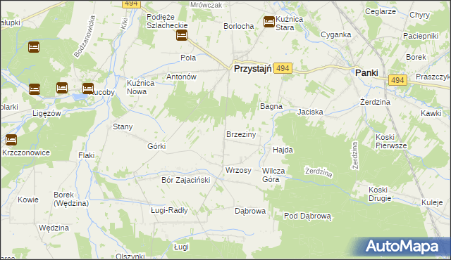 mapa Brzeziny gmina Przystajń, Brzeziny gmina Przystajń na mapie Targeo