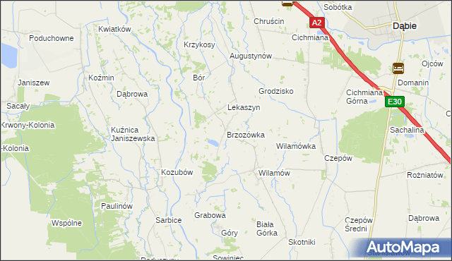 mapa Brzozówka gmina Uniejów, Brzozówka gmina Uniejów na mapie Targeo