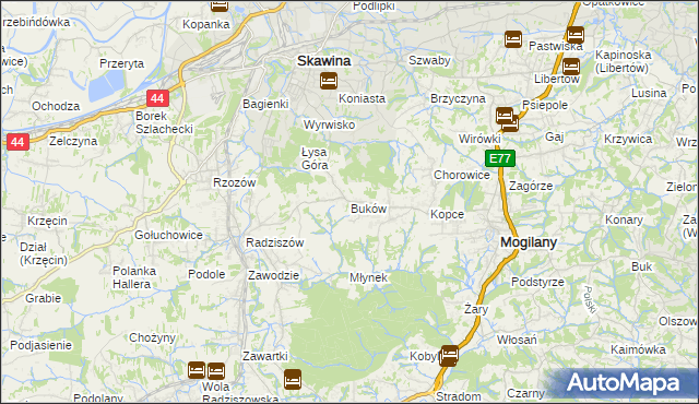 mapa Buków gmina Mogilany, Buków gmina Mogilany na mapie Targeo