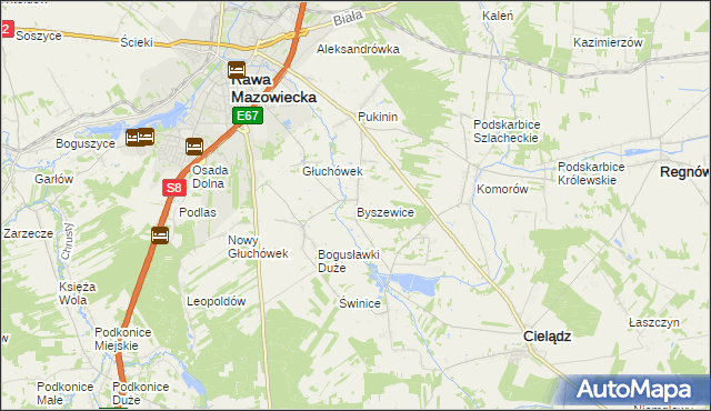 mapa Byszewice gmina Rawa Mazowiecka, Byszewice gmina Rawa Mazowiecka na mapie Targeo