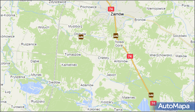 mapa Chełsty gmina Żarnów, Chełsty gmina Żarnów na mapie Targeo