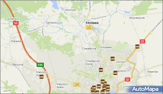 mapa Chwalęcice gmina Kłodawa, Chwalęcice gmina Kłodawa na mapie Targeo