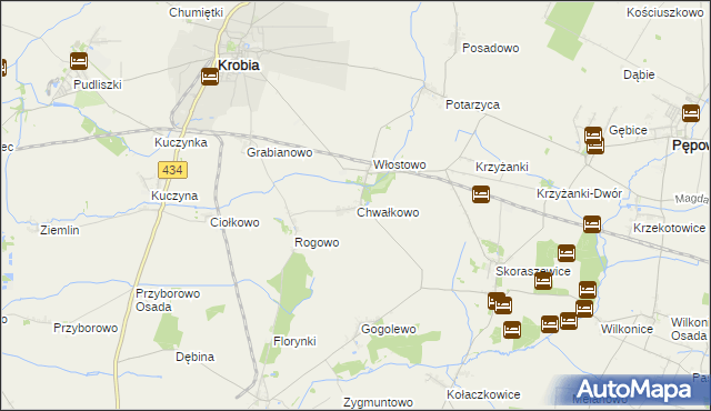 mapa Chwałkowo gmina Krobia, Chwałkowo gmina Krobia na mapie Targeo