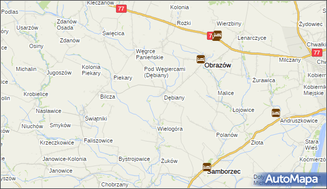 mapa Dębiany gmina Obrazów, Dębiany gmina Obrazów na mapie Targeo