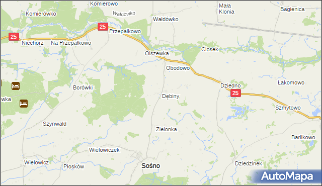 mapa Dębiny gmina Sośno, Dębiny gmina Sośno na mapie Targeo
