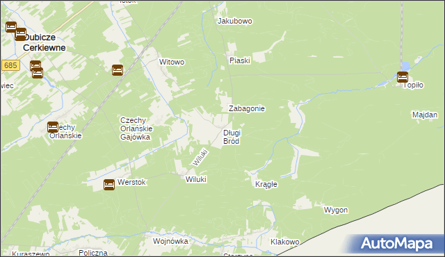 mapa Długi Bród gmina Dubicze Cerkiewne, Długi Bród gmina Dubicze Cerkiewne na mapie Targeo