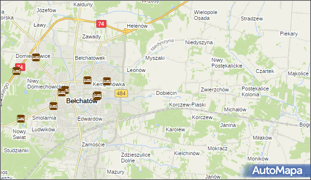 mapa Dobiecin gmina Bełchatów, Dobiecin gmina Bełchatów na mapie Targeo