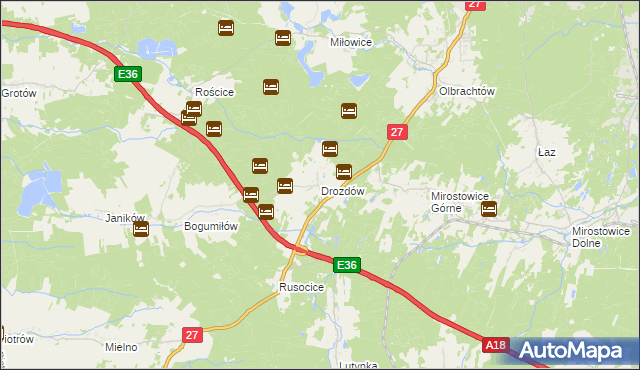 mapa Drozdów gmina Żary, Drozdów gmina Żary na mapie Targeo