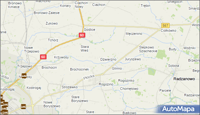 mapa Dźwierzno gmina Radzanowo, Dźwierzno gmina Radzanowo na mapie Targeo