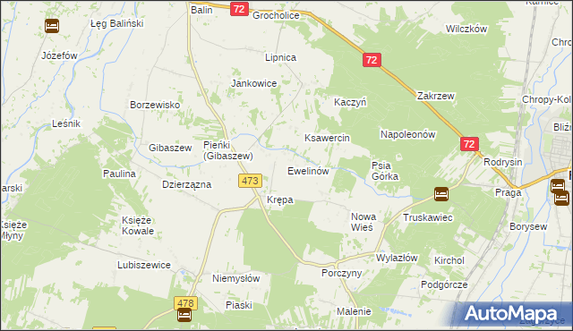 mapa Ewelinów gmina Poddębice, Ewelinów gmina Poddębice na mapie Targeo