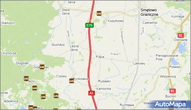 mapa Frąca gmina Smętowo Graniczne, Frąca gmina Smętowo Graniczne na mapie Targeo