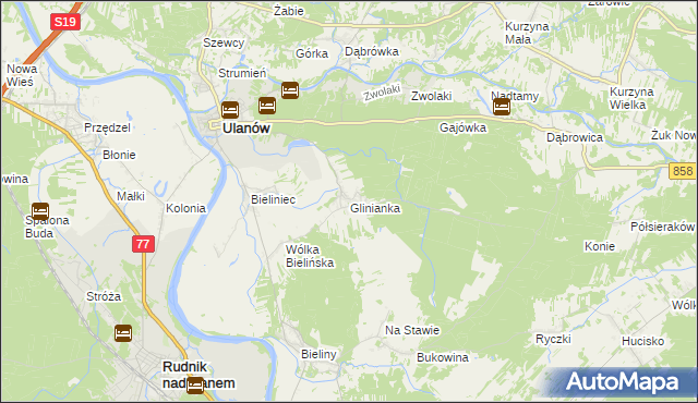 mapa Glinianka gmina Ulanów, Glinianka gmina Ulanów na mapie Targeo