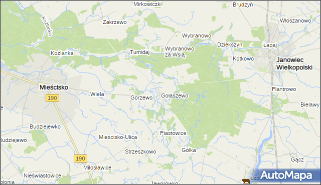 mapa Gołaszewo gmina Mieścisko, Gołaszewo gmina Mieścisko na mapie Targeo