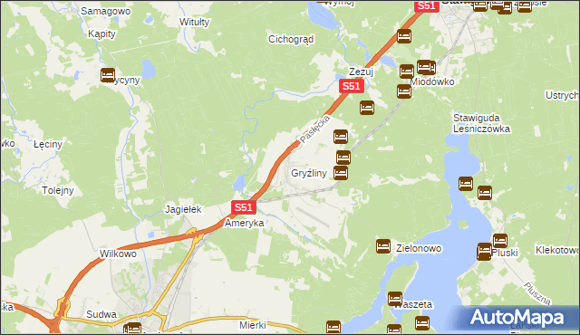mapa Gryźliny gmina Stawiguda, Gryźliny gmina Stawiguda na mapie Targeo