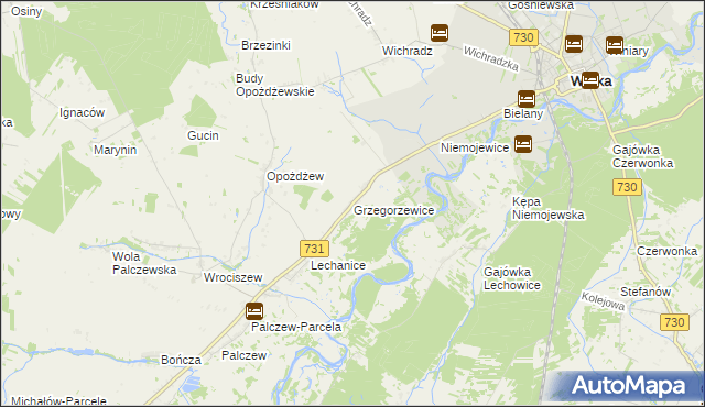 mapa Grzegorzewice gmina Warka, Grzegorzewice gmina Warka na mapie Targeo