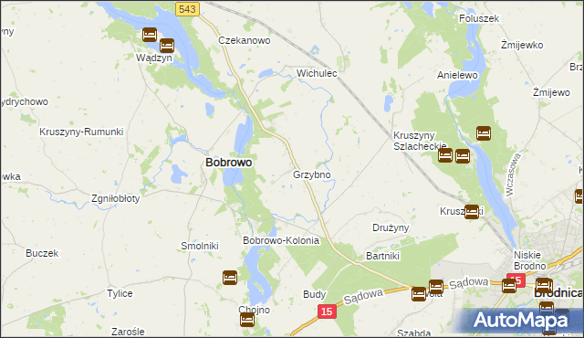 mapa Grzybno gmina Bobrowo, Grzybno gmina Bobrowo na mapie Targeo