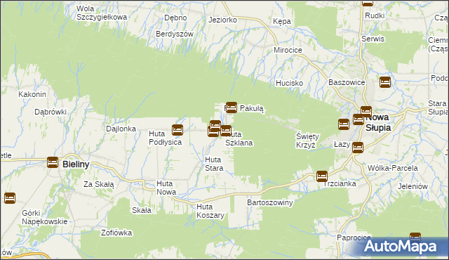 mapa Huta Szklana gmina Bieliny, Huta Szklana gmina Bieliny na mapie Targeo