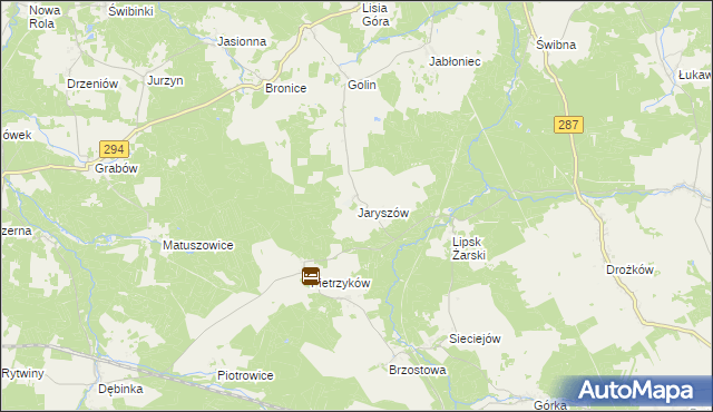 mapa Jaryszów gmina Jasień, Jaryszów gmina Jasień na mapie Targeo