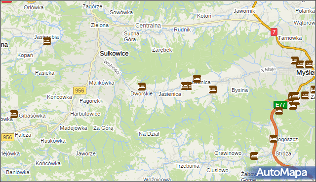 mapa Jasienica gmina Myślenice, Jasienica gmina Myślenice na mapie Targeo