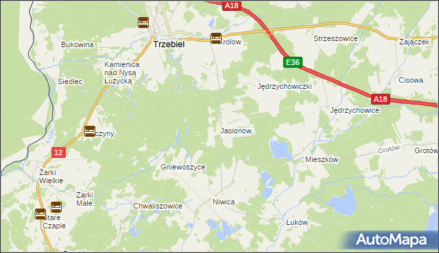 mapa Jasionów gmina Trzebiel, Jasionów gmina Trzebiel na mapie Targeo