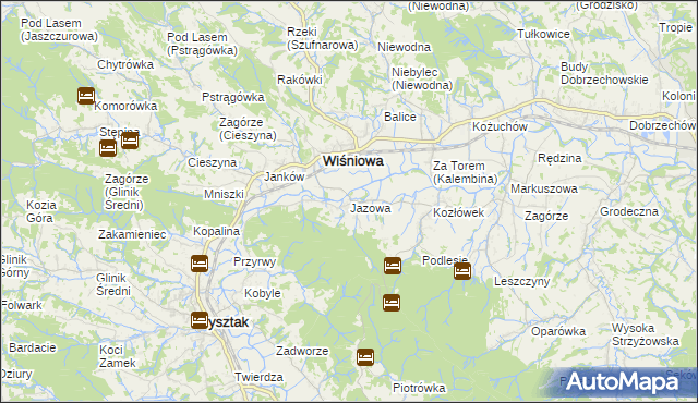 mapa Jazowa gmina Wiśniowa, Jazowa gmina Wiśniowa na mapie Targeo