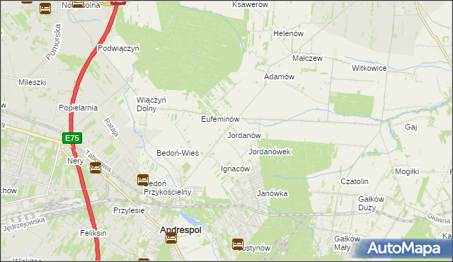 mapa Jordanów gmina Brzeziny, Jordanów gmina Brzeziny na mapie Targeo