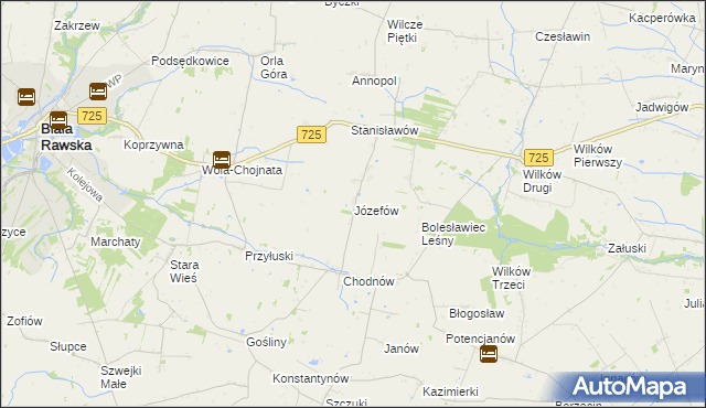 mapa Józefów gmina Biała Rawska, Józefów gmina Biała Rawska na mapie Targeo
