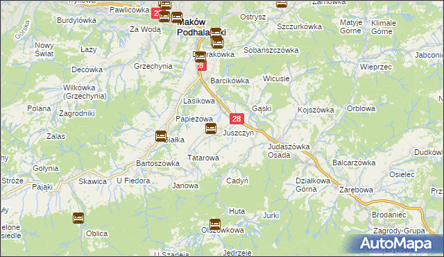 mapa Juszczyn gmina Maków Podhalański, Juszczyn gmina Maków Podhalański na mapie Targeo