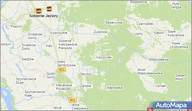 mapa Karczunek gmina Sobienie-Jeziory, Karczunek gmina Sobienie-Jeziory na mapie Targeo