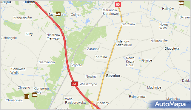 mapa Karolew gmina Strzelce, Karolew gmina Strzelce na mapie Targeo